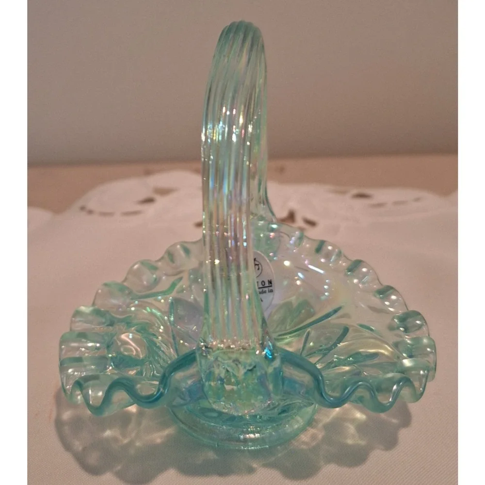 Vintage Fenton Glass Aquamarine Iridescent Ruffled Mini Basket Sticker